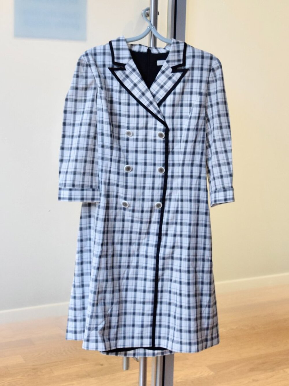 White Black Plaid Office Dress - 3/4 Sleeve/Lined - Prich
